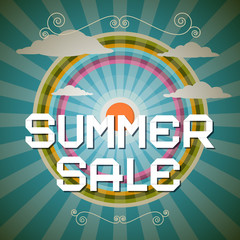 Wall Mural - Summer Sale Retro Illustration with Rainbow, Clouds and Sun