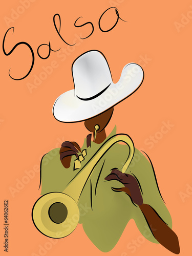 Obraz w ramie Man with Trumpet. Vector Portrait of a Salsa Player