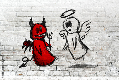 Naklejka - mata magnetyczna na lodówkę Angel and devil fighting; doodle drawing on white brick wall