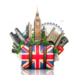 Wall Mural - England, British landmarks, travel and retro suitcase