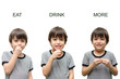 Eat ,drink, more kid hand sign language on white background