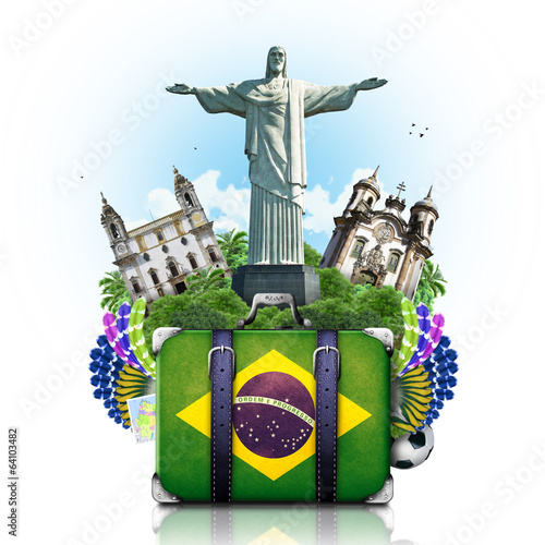 Fotografie, Obraz Brazil, Brazil landmarks, travel and retro suitcase