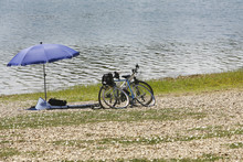 Sunshade Umbrella On Lake Beach