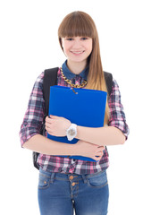 Wall Mural - cute teenage girl with backpack and folder isolated on white