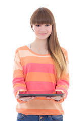 Wall Mural - beautiful teenage girl holding tablet computer isolated on white