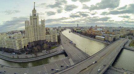 Wall Mural - View from unmanned quadrocopter to cityscape