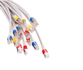 Wall Mural - Colorful lan telecommunication cable RJ45 isolated on white back