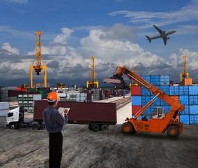 Wall Mural - officer man working in land transport logistic with container do