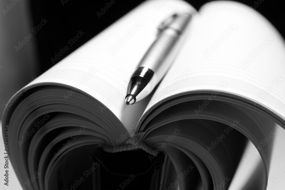 Pen on opened book, close up