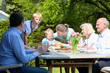 Big family of three generations having lunch outdoors