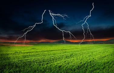 Wall Mural - thunderstorm with lightning in green meadow