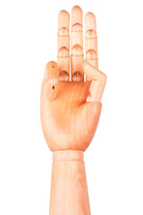 Wall Mural - wooden hand is showing  three fingers