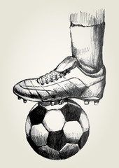 Wall Mural - sketch illustration of a soccer player's foot on soccer ball