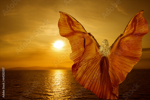 Tapeta ścienna na wymiar Woman with butterfly wings flying on fantasy sea sunset