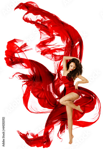 Naklejka ścienna Woman dancing in red dress, fashion model waving dance