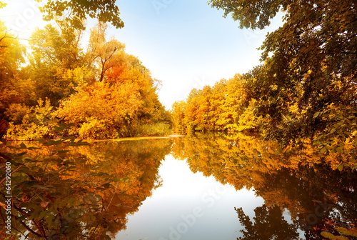 Plakat na papierze fotorealistycznym Jesienny las nad rzeką