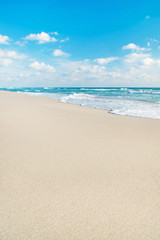 Wall Mural - sea beach against wave foam and blue bright sky - vacation conce