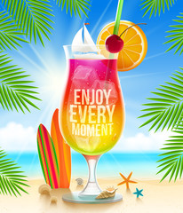 Wall Mural - Exotic cocktail with summer greeting on the tropical beach