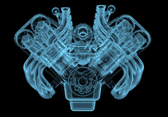 Wall Mural - Car engine x-ray blue transparent isolated on black