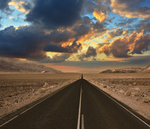 The Road  Desert Death Valley. Sunset