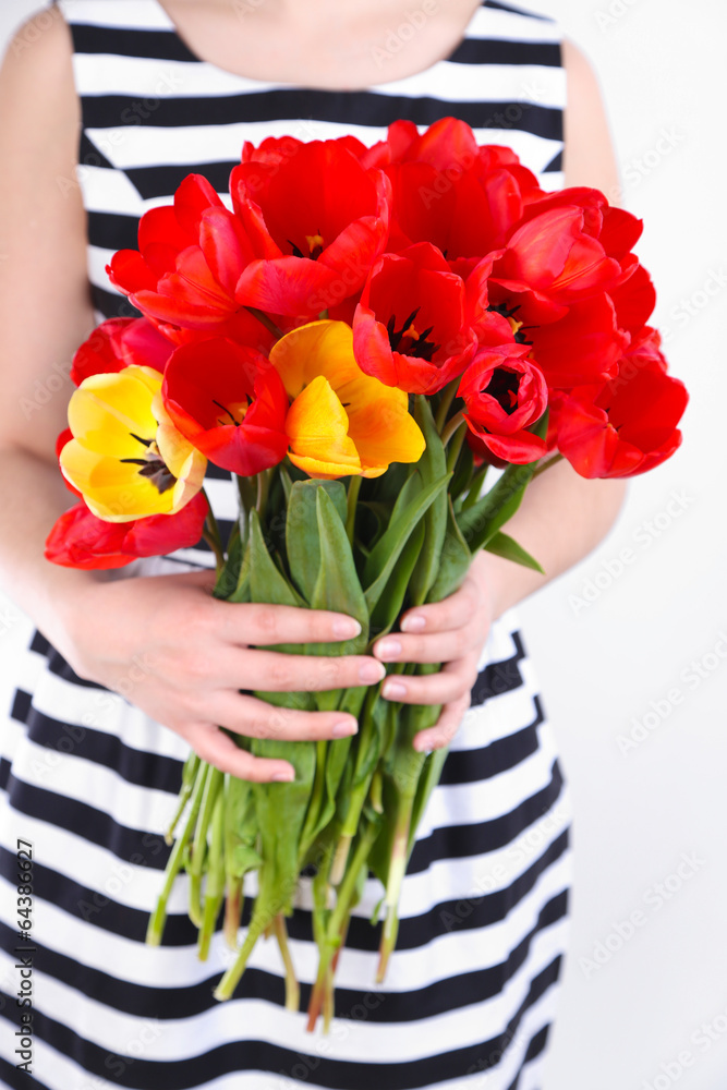 Colorful tulips in female hands isolated on white