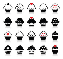 Cupcake with heart, cherry and sparkles icons set