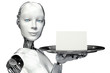 Female robot holding a serving tray with a blank card