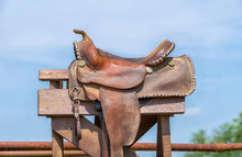 Leather Horse Saddle Against Blue Sky