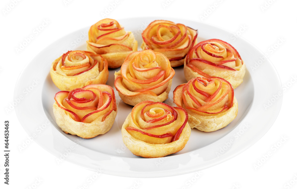 Tasty  puff pastry with apple shaped roses with powdered sugar