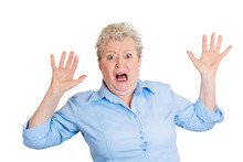 Portrait Startled Scared Old Lady Isolated On White Background 
