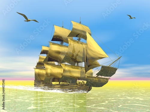 Board z aluminiowym obramowaniem Złoty stary statek handlowy - 3d render