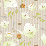 Seamless tea pattern with teapots, cups, spoons and cupcakes