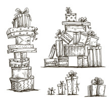 Piles Of Presents. Doodle Heaps Of Gift Boxes.