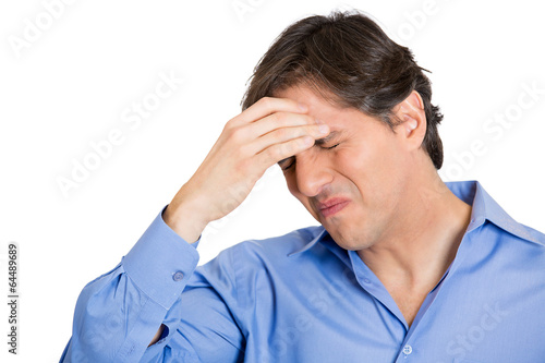 Fotografía headshot man with head ache stress in life on white background