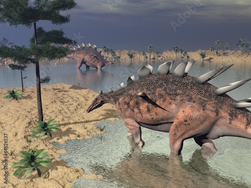 Naklejka samoprzylepna Kentrosaurus dinozaury na pustyni - 3d render