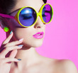 Colorful summer portrait attractive young woman with sunglasses