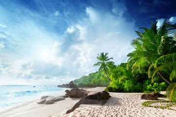 Wall Mural - sunset on seychelles beach