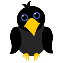 black crow cartoon with blue eyes and yellow beak