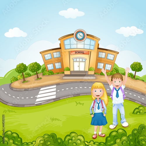 Obraz na płótnie canvas dwuczęściowy "dyptyk" Ilustracja dzieci przed szkołą