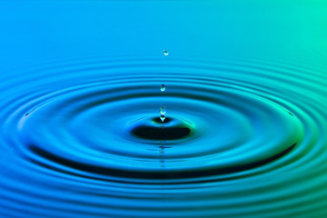 Water drop close up with concentric ripples colourful blue and g