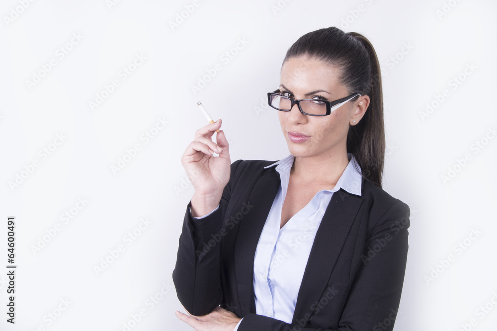 Business woman with glasses / smoking cigarette - portrait Stock Photo