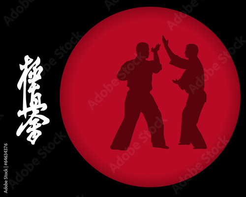 Plakat na papierze fotorealistycznym Dwóch mężczyzn zajmuje się karate na czerwonym tle