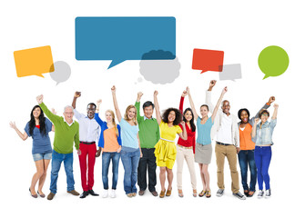 Wall Mural - People Arms Raised and Empty Speech Bubbles
