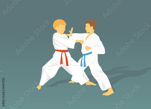 Plakat na papierze fotorealistycznym Dwóch chłopców zajmuje się karate na ciemnym tle