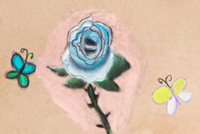 Children Drawing - Blue Rose And Two Butterflies