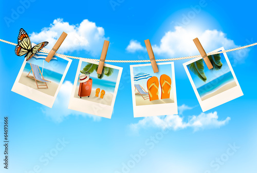 Photo Vacation photos hanging on a rope. Vector.