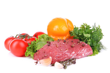 Canvas Print - Raw beef meat with vegetables and spices isolated on white