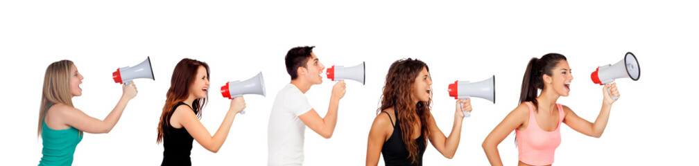 Group of five young with megaphones