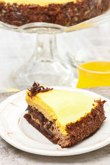 Poster - Piece of chocolate layer cake on white ceramic plate