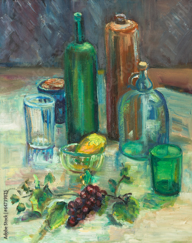 Naklejka dekoracyjna Still-life with green bottle